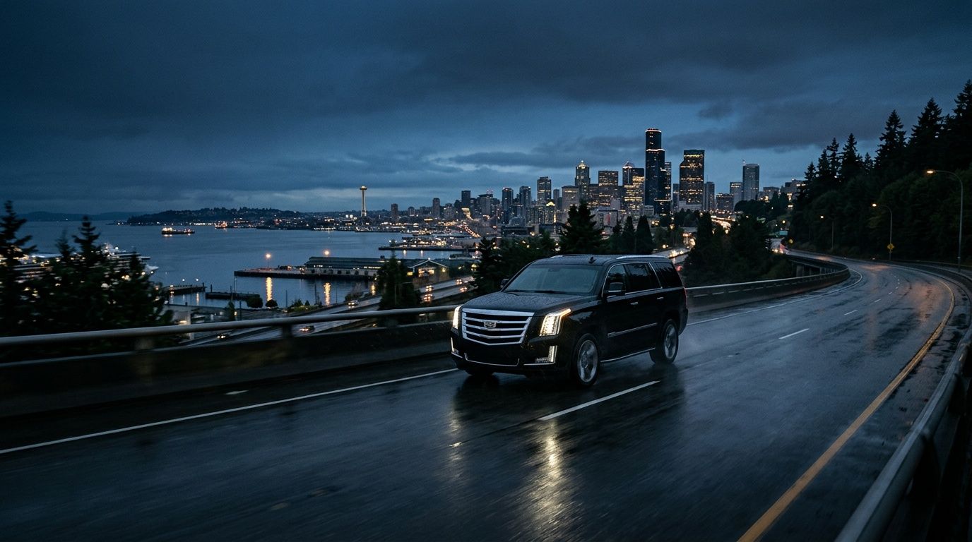 A black Cadillac Escalade driving on a wet road with the Seattle city skyline in the background.