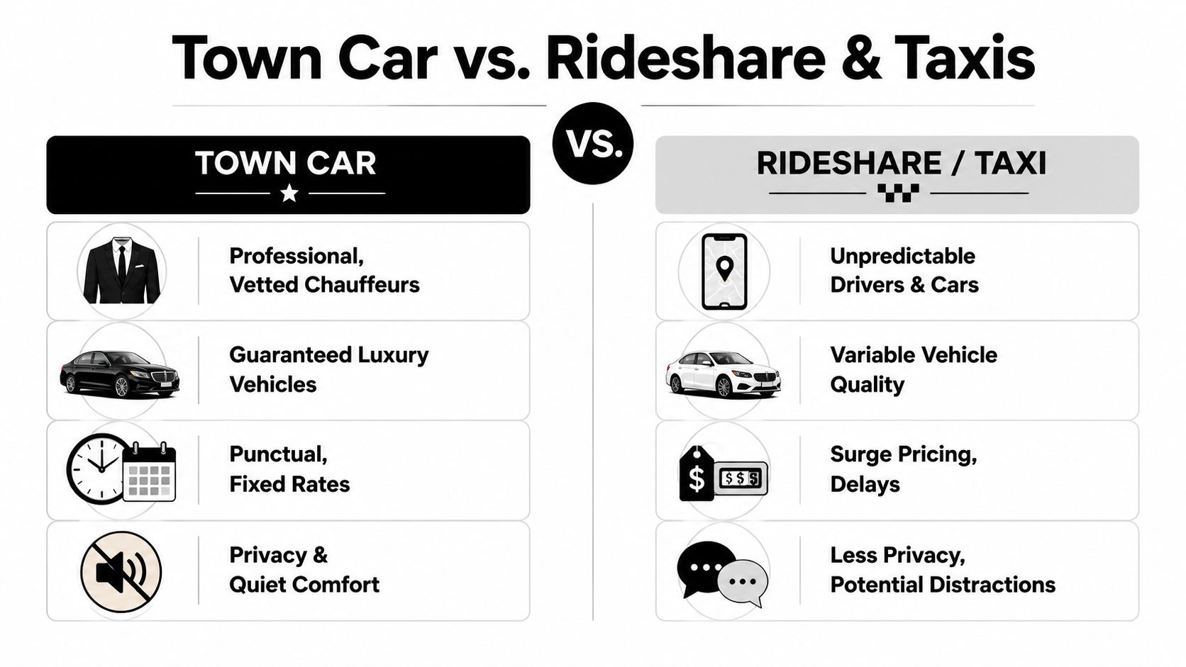A comparison chart showing the benefits of hiring a professional town car versus using rideshare or taxi services.