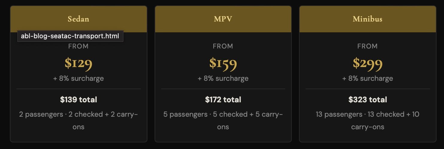 Three cards showing transport options: Sedan, MPV, and Minibus, with prices and passenger/luggage details.