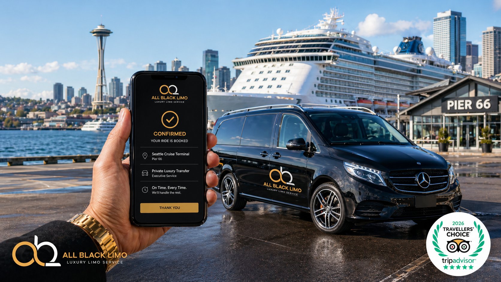 Hand holding a phone showing a confirmed limo booking near a luxury van at Seattle's Pier 66.