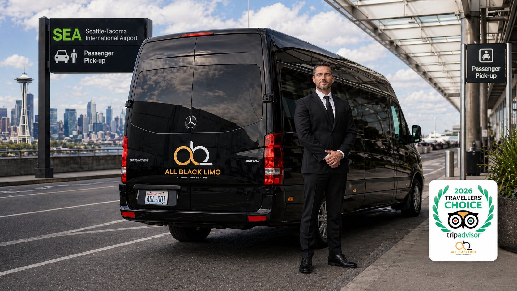 A chauffeur stands by a black luxury van at Seattle-Tacoma Airport with the city skyline in the background.