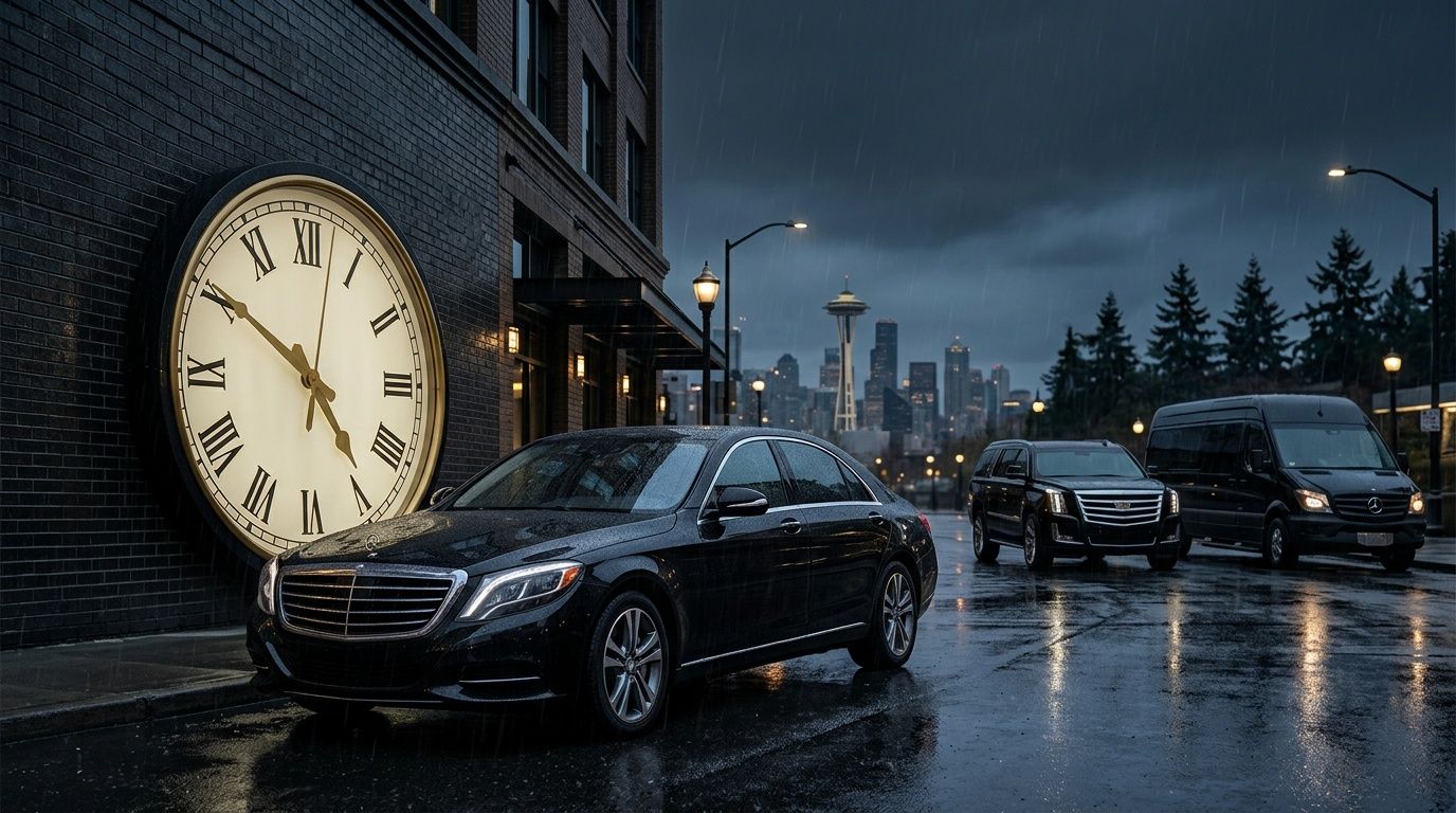 A black Mercedes-Benz parked in front of a giant wall clock in rainy Seattle with the Space Needle background.