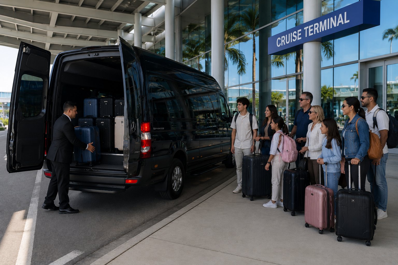 A driver loads luggage into a black van while a group waits at a sunny cruise terminal entrance.