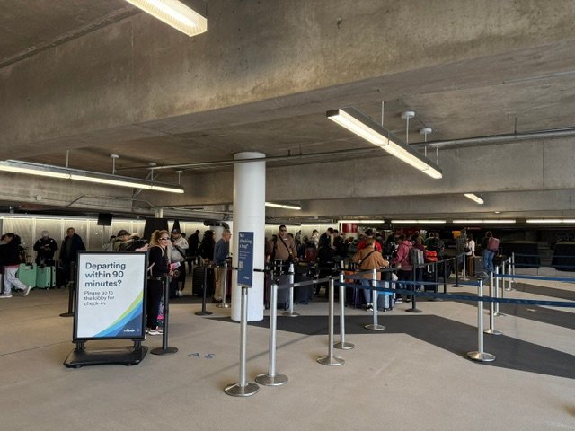 A busy airport or cruise terminal check-in area with a long line of travelers and luggage.