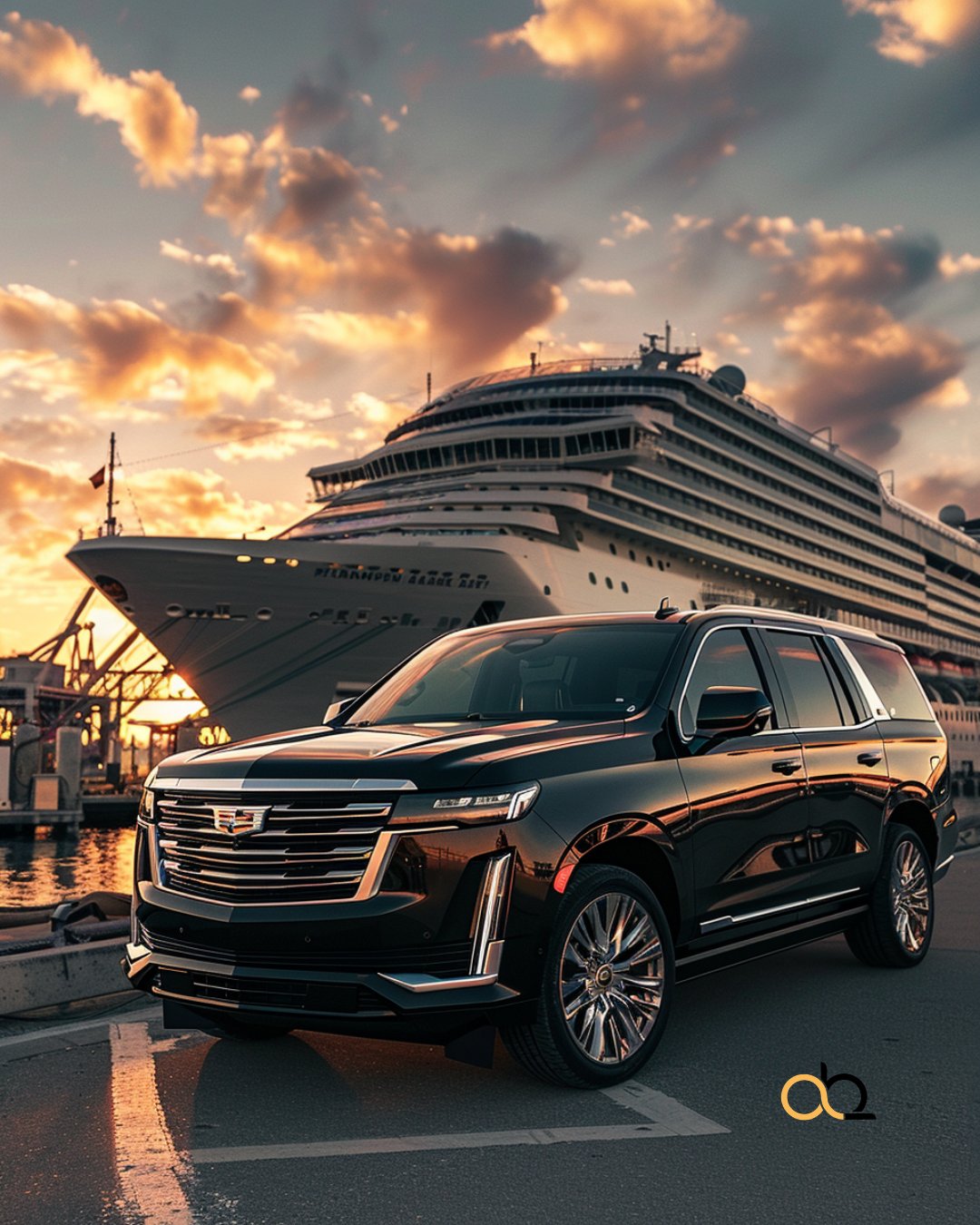 A black Cadillac Escalade SUV is parked by a dock with a large cruise ship in the background at sunset.