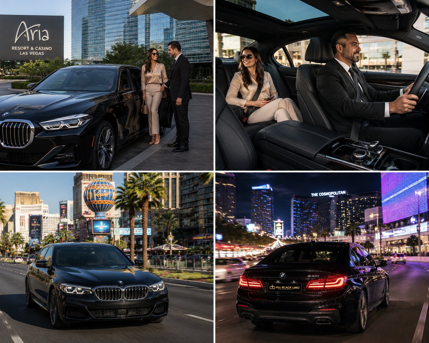 Four panels show a black BMW luxury sedan used for a limo service experience in Las Vegas.