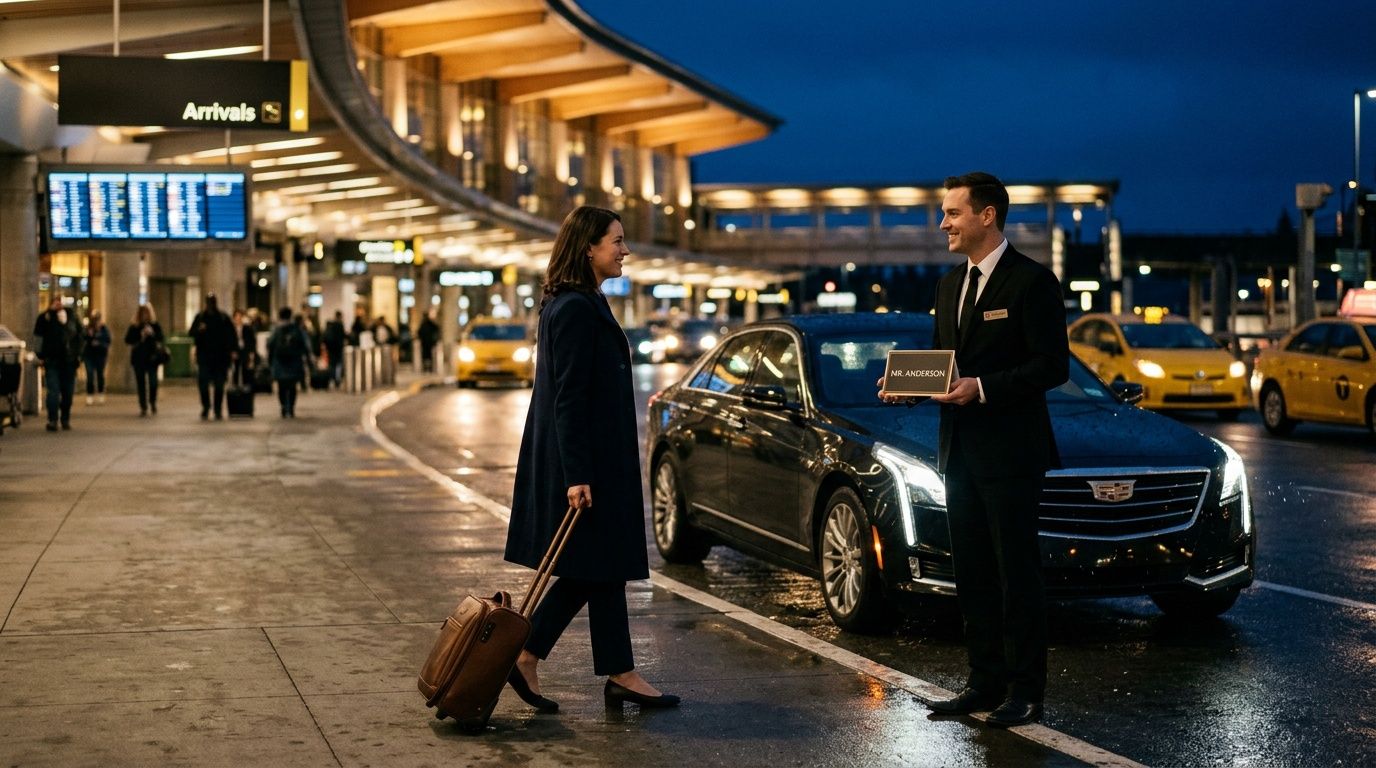 A professional chauffeur greeting a female passenger with a personalized sign outside an airport arrivals terminal.