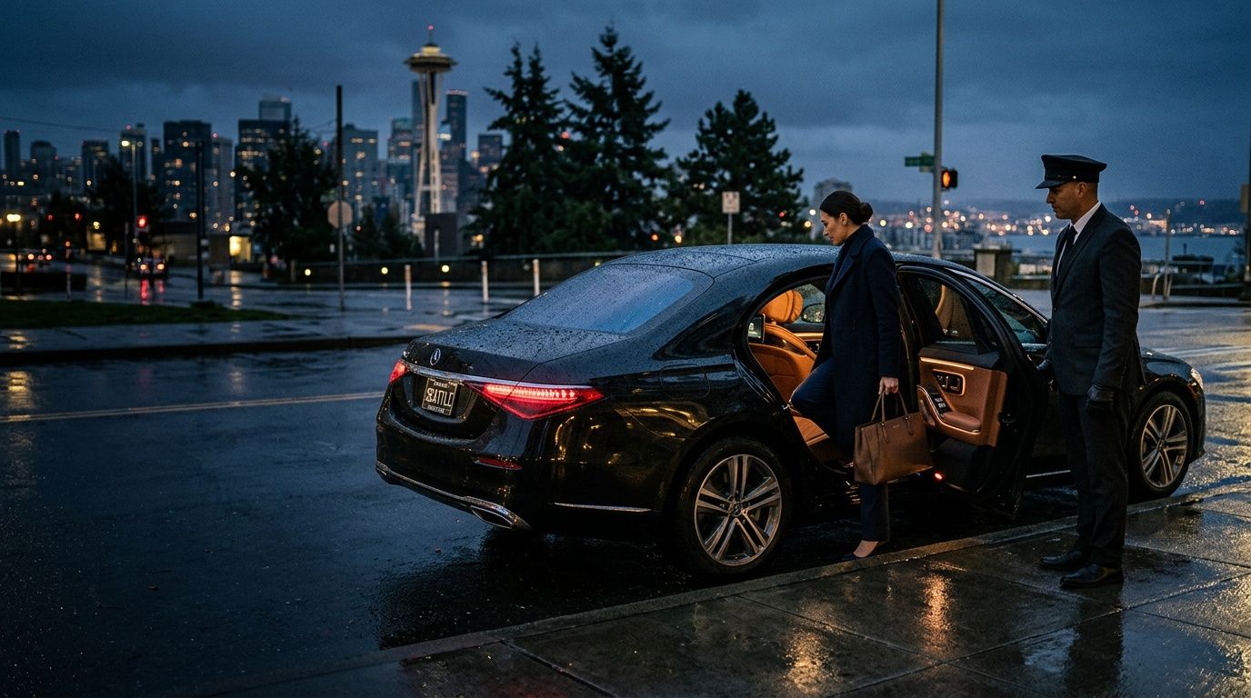 A professional chauffeur opens the door of a luxury black sedan for a woman in Seattle.