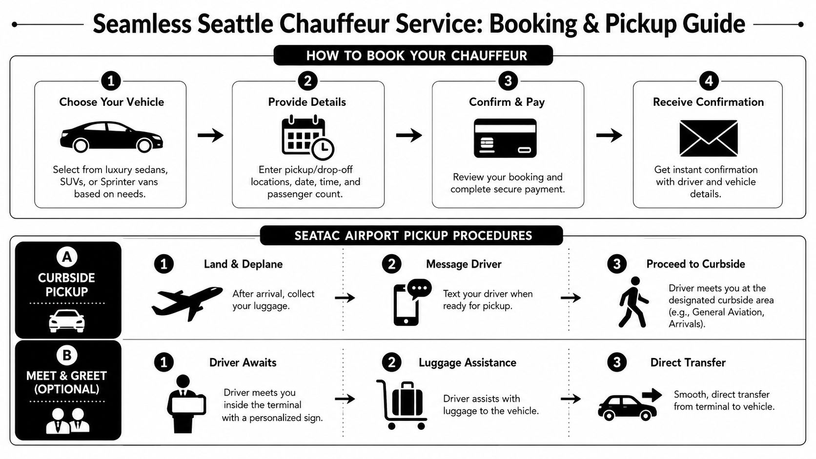 An infographic detailing the chauffeur booking process and SeaTac airport pickup procedures for Seattle car services.