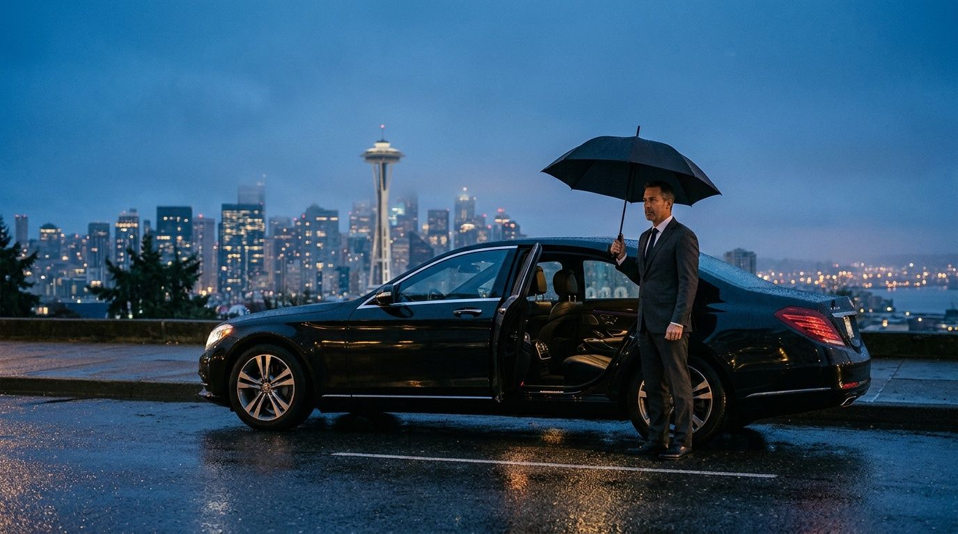A professional chauffeur holding an umbrella next to a luxury car with the Seattle skyline at twilight.