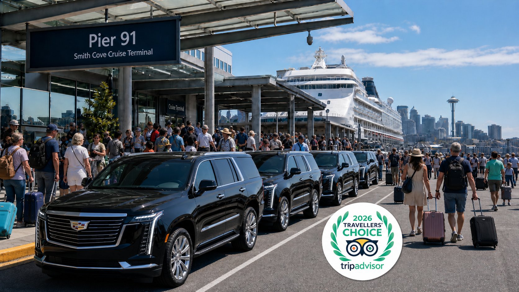 Travelers arrive at Seattle's Smith Cove Cruise Terminal, walking past black SUVs towards a large cruise ship under a sunny sky.