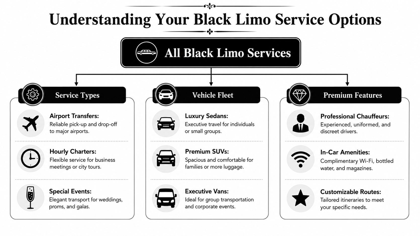A diagram outlining the service types, vehicle fleet options, and premium features of a black limo service.