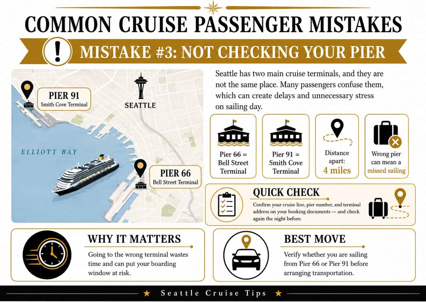 Infographic on common cruise mistakes, specifically not checking your pier in Seattle, with a map and tips.