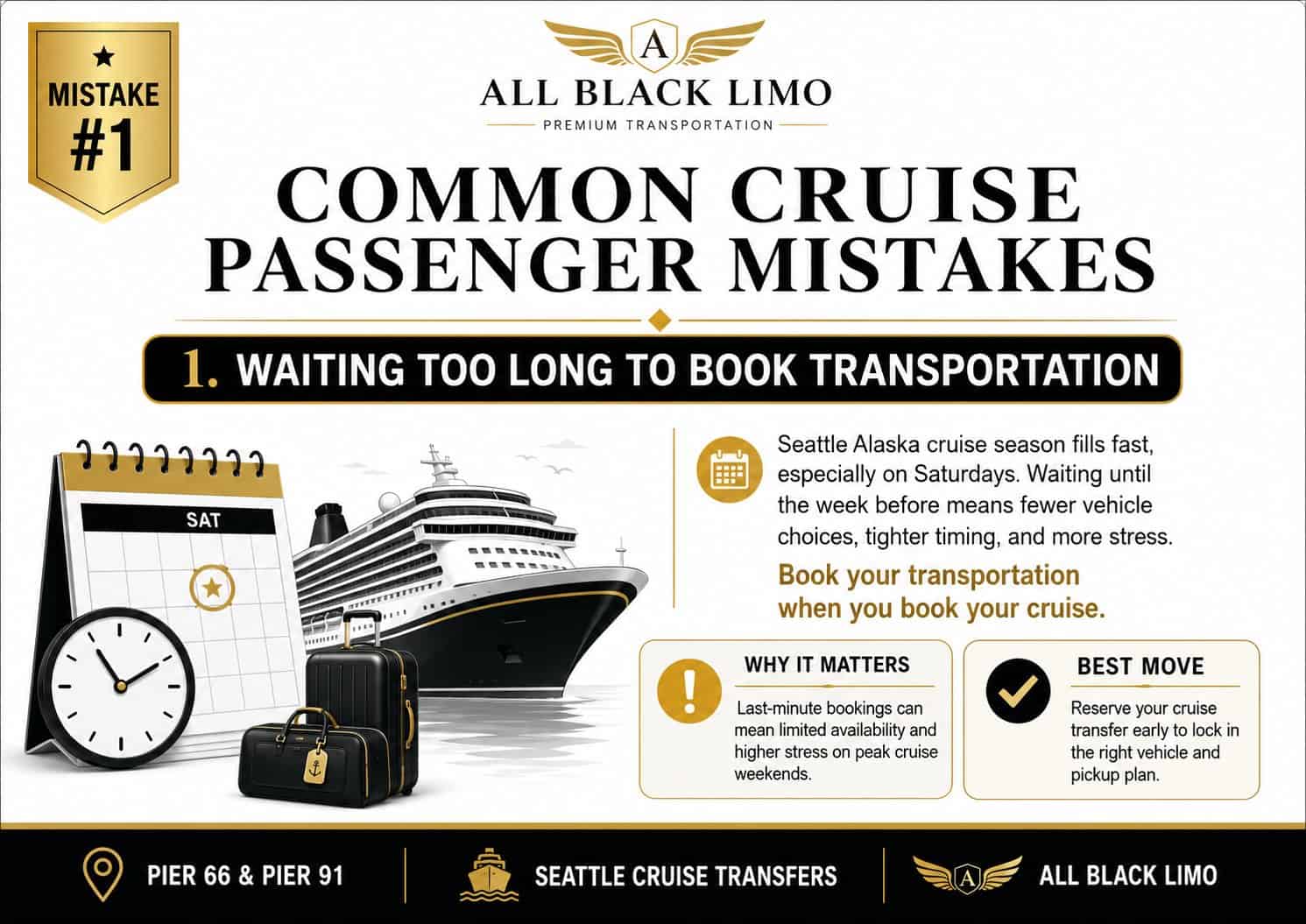 Infographic about common cruise passenger mistake: waiting too long to book transportation, showing calendar, clock, luggage, and cruise ship.