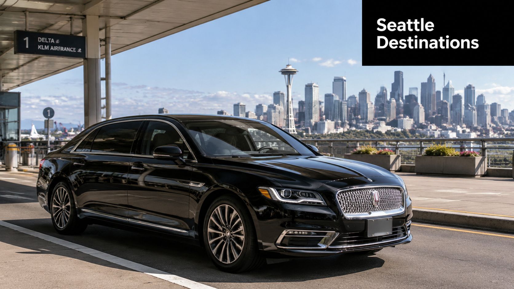 A black luxury sedan parked at an airport terminal with the iconic Seattle skyline in the background.