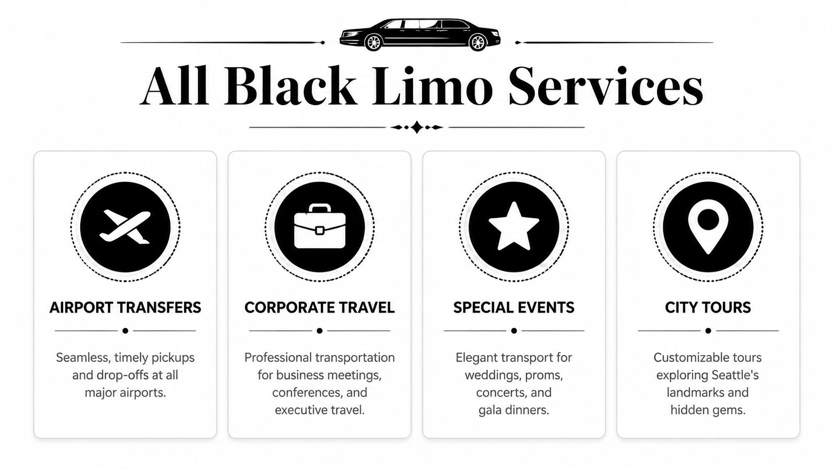 All Black Limo Services providing airport transfers, corporate travel, special events, and city tours in Seattle.
