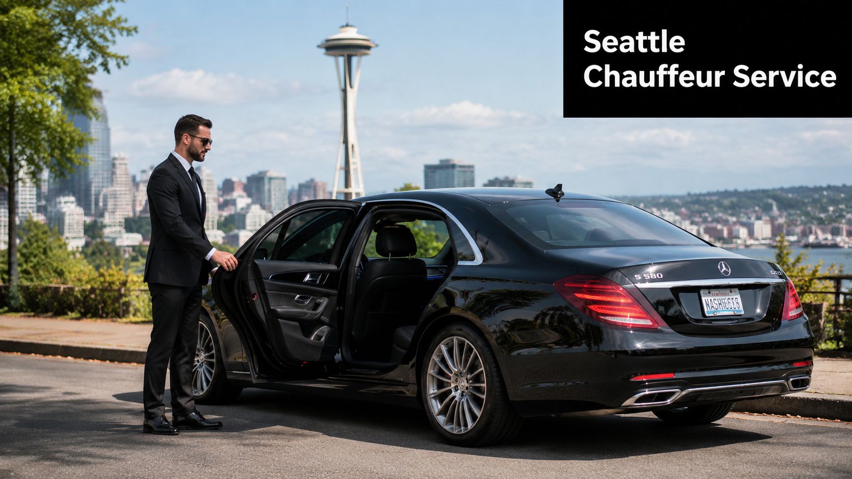 A professional chauffeur in a suit stands by a black Mercedes-Benz S 580 in Seattle.