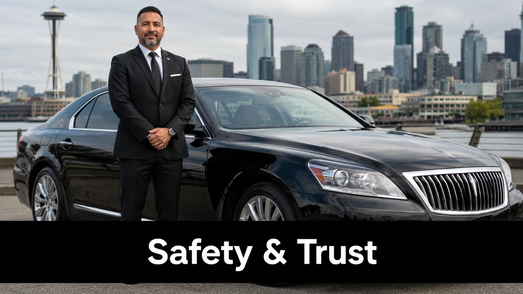 A professional chauffeur standing beside a sleek black limousine with the Seattle skyline in the background.
