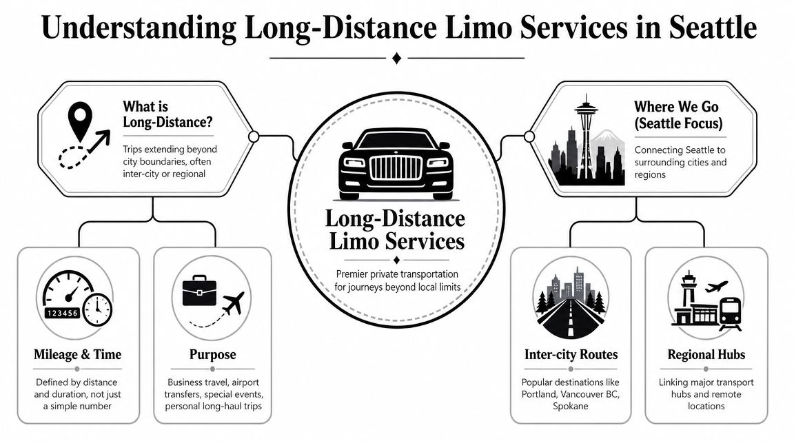 An infographic titled Understanding Long-Distance Limo Services in Seattle illustrating travel definitions, purposes, and regional connectivity.