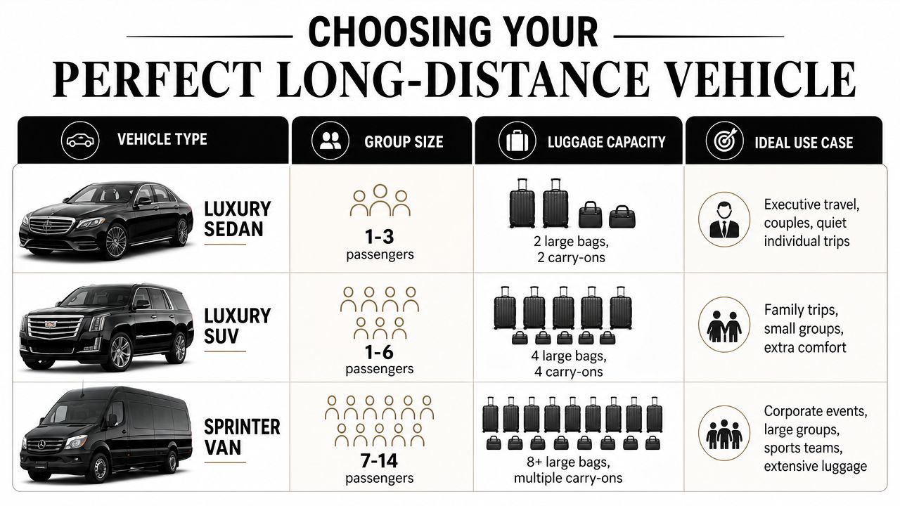 A comparison chart showing luggage and passenger capacities for luxury sedans, SUVs, and sprinter vans for long-distance travel.