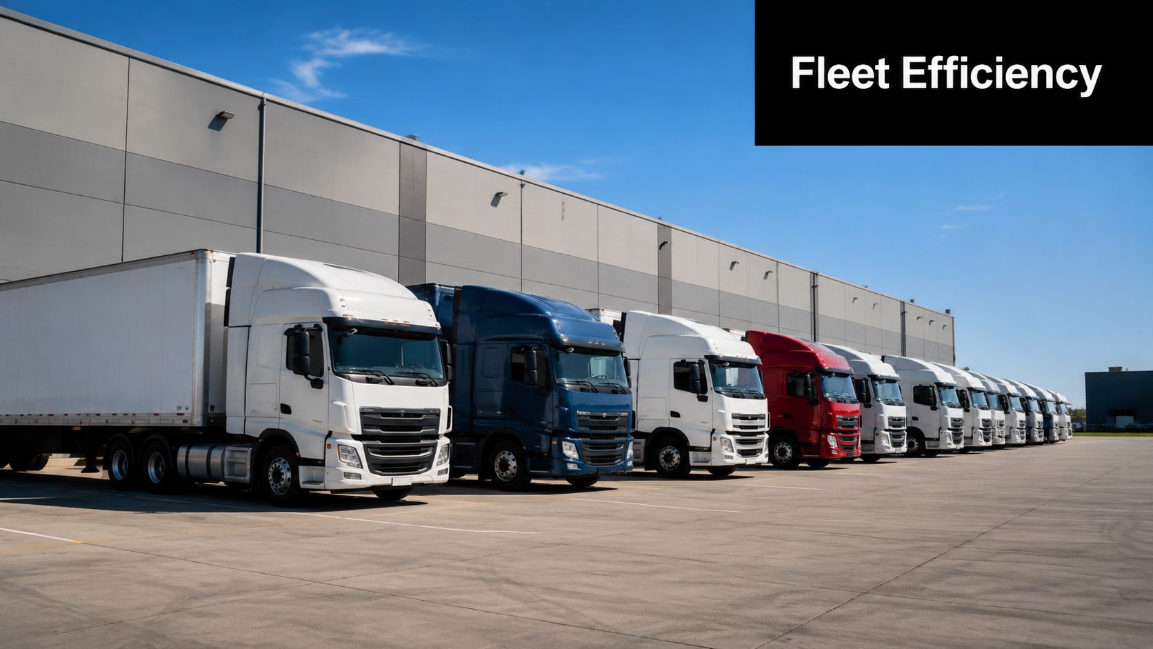 A line of semi-trucks parked next to a large warehouse building under a clear blue sky.