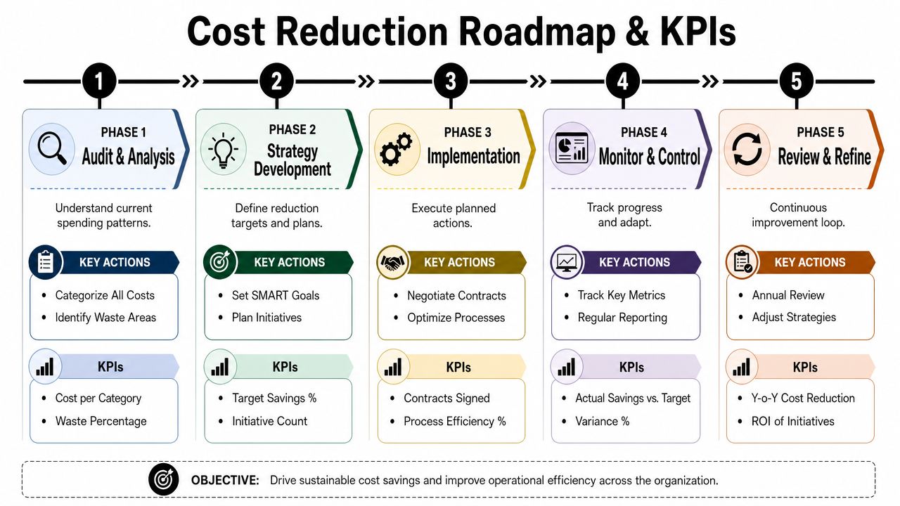 A five-phase business roadmap infographic detailing steps and KPIs for achieving sustainable cost reduction in organizations.