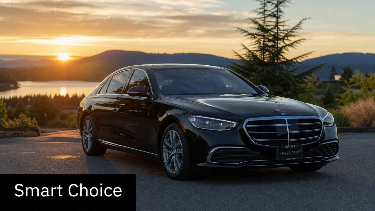 A black Mercedes-Benz sedan parked overlooking a scenic sunset with mountains and a lake in the background.