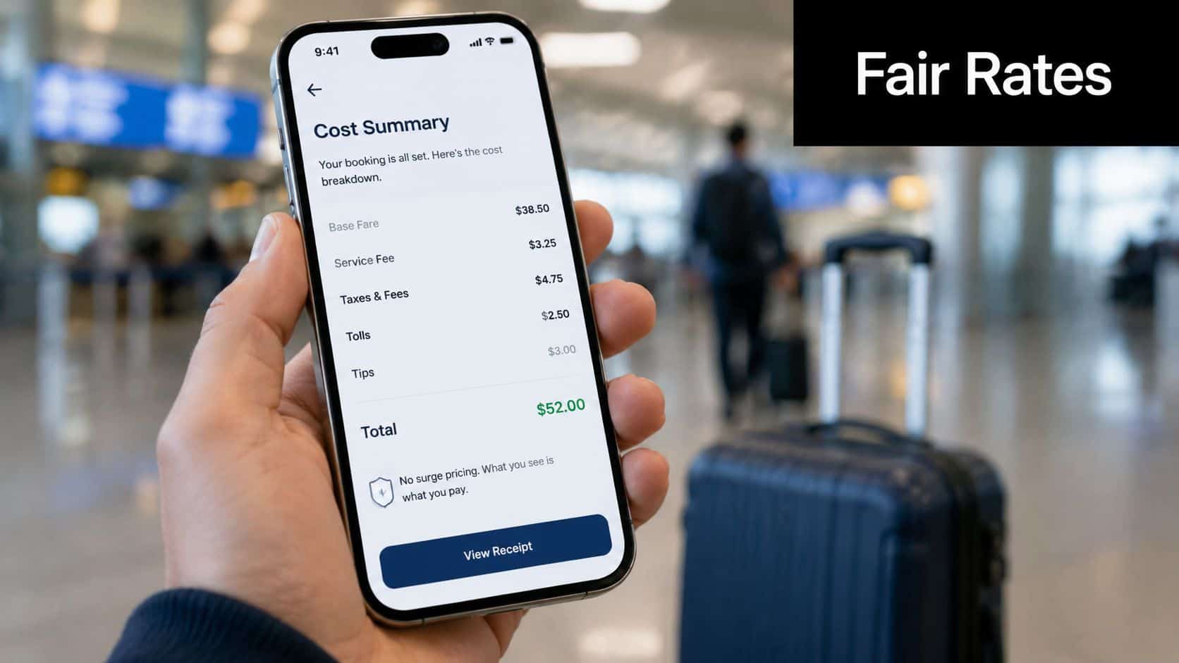 A hand holds a smartphone showing a ride-sharing cost summary inside an airport terminal with luggage.