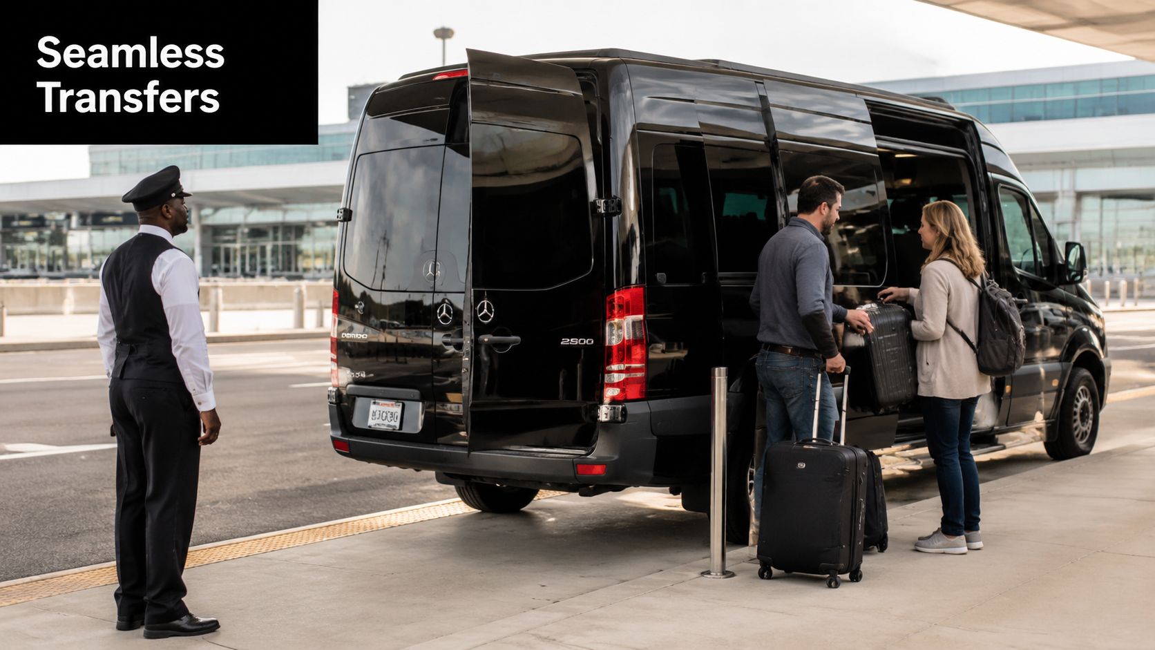A professional chauffeur assists passengers loading their luggage into a black Mercedes Sprinter van at the airport.
