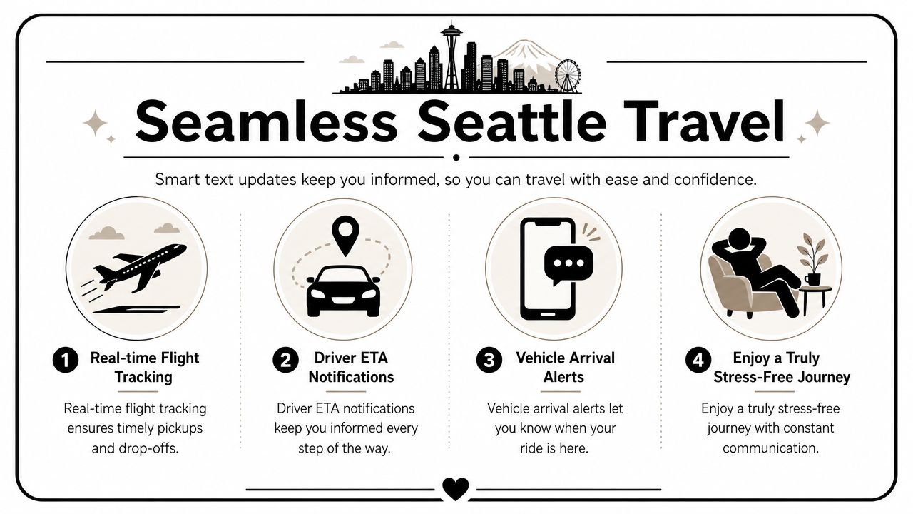 An infographic titled Seamless Seattle Travel highlighting four steps for stress-free transportation services via text message updates.