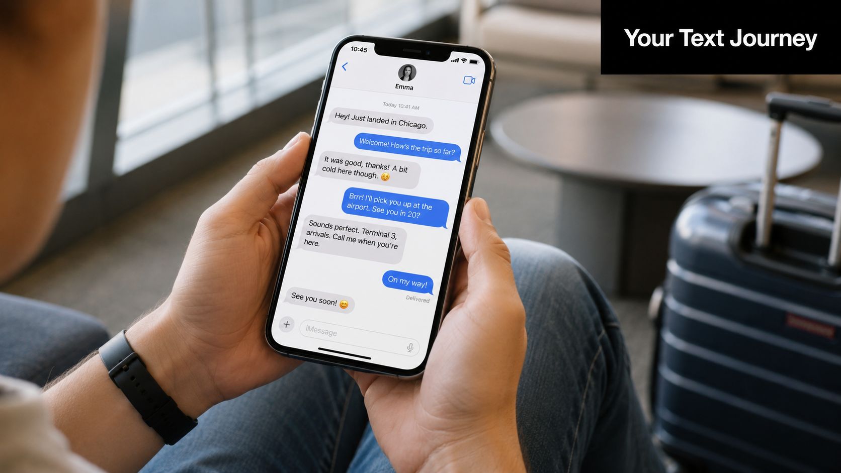A person holding a smartphone showing a text conversation with Emma about picking her up at the airport.