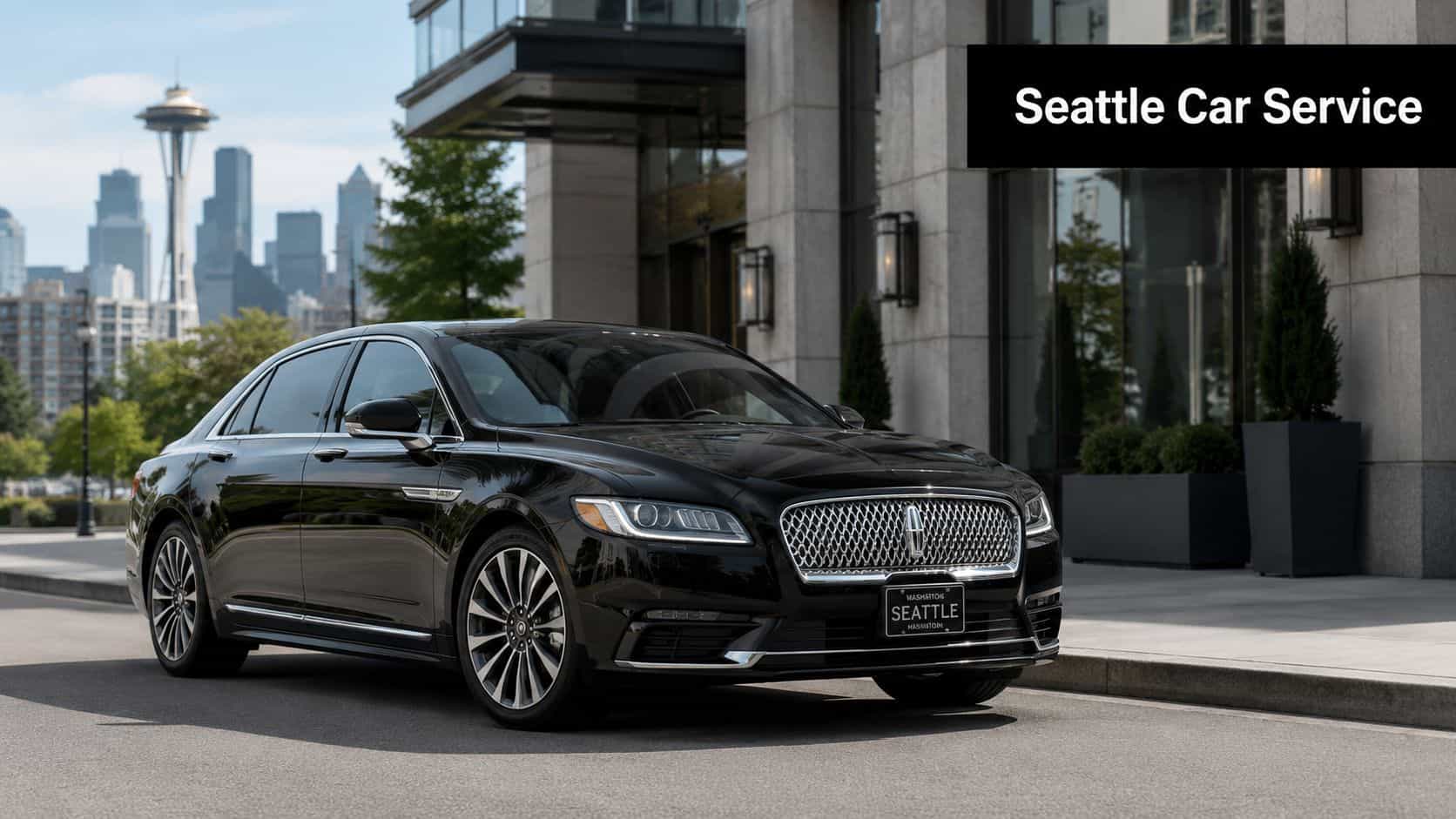 A sleek black Lincoln luxury sedan parked in front of a modern building with the Seattle skyline.