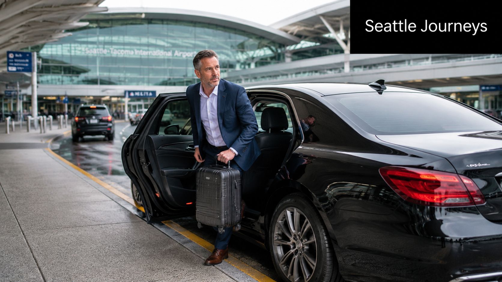 A professional man stepping out of a luxury car at the Seattle-Tacoma International Airport with luggage.