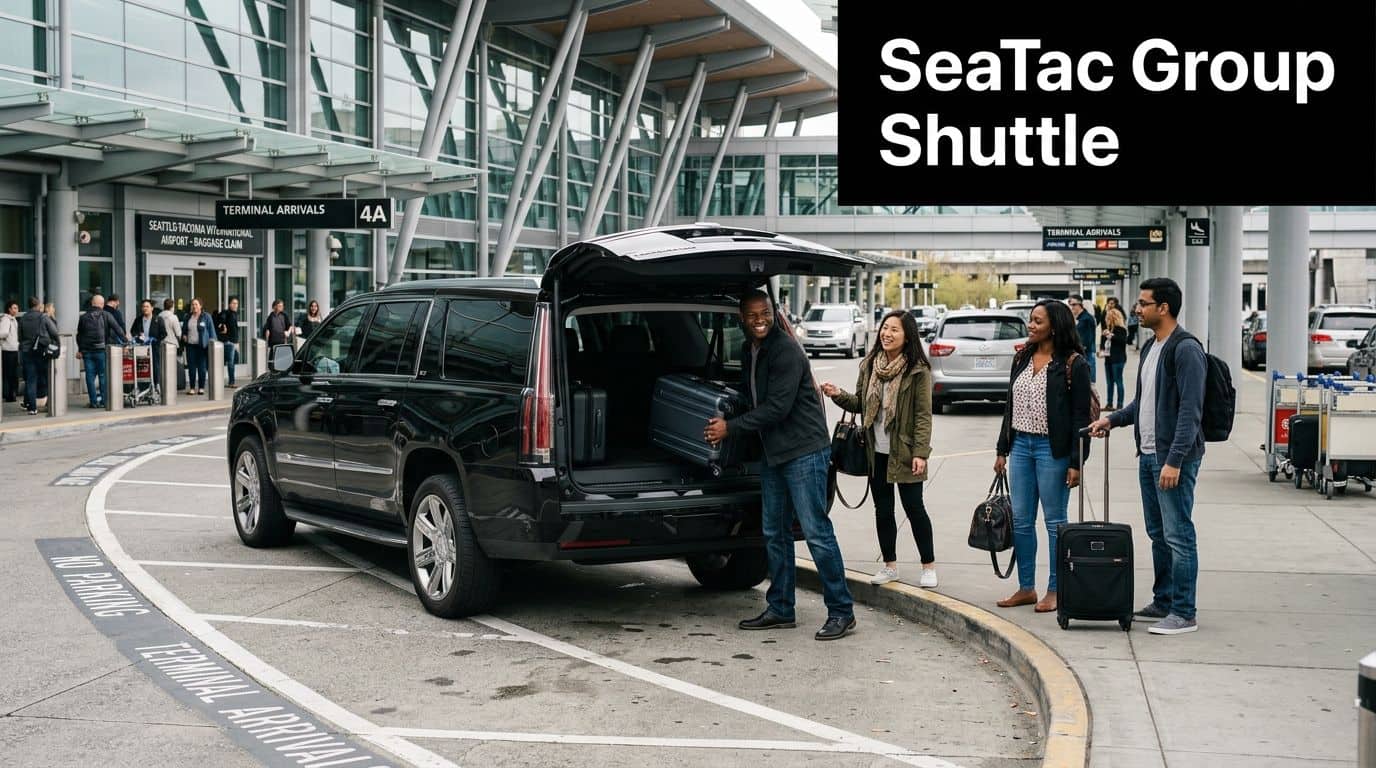 A group of travelers loading their luggage into a black SUV at the Seattle-Tacoma International Airport arrival terminal.