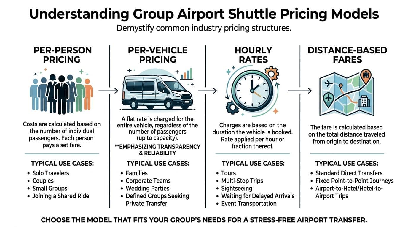 An infographic explaining four different pricing models for booking group airport shuttle transportation services.