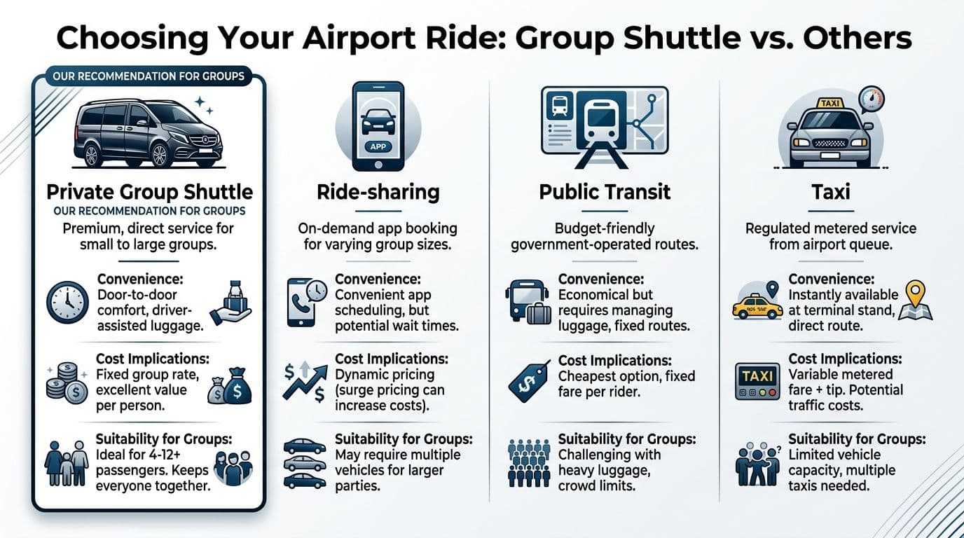A comparison infographic showing the benefits of a private group airport shuttle versus ride-sharing, public transit, and taxis.