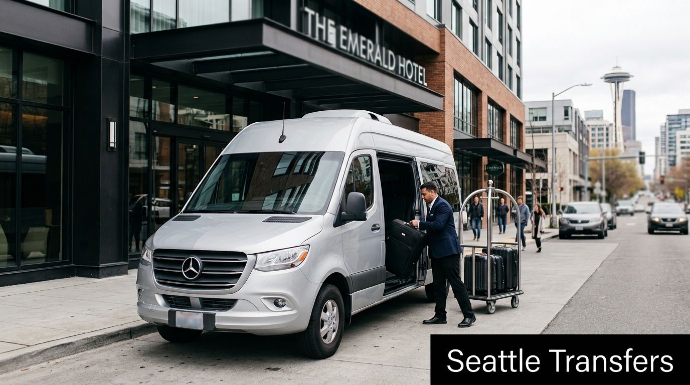 A professional driver loads luggage into a silver Mercedes-Benz shuttle van at The Emerald Hotel in Seattle.