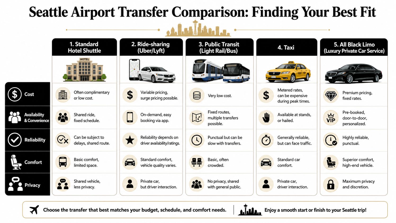 A comparison chart showing five Seattle airport transfer methods, including shuttles, ride-sharing, public transit, taxis, and limos.