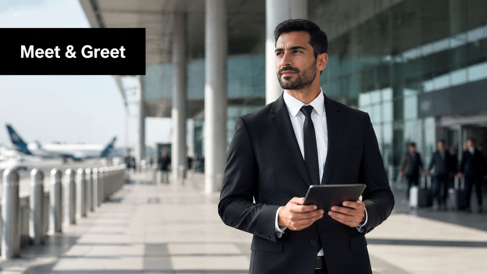 A professional man in a business suit holding a tablet at an airport terminal for meet and greet.
