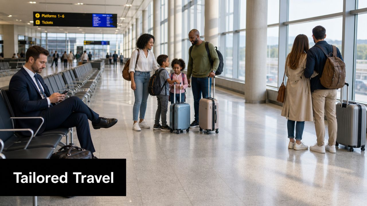 Families and a business traveler waiting in a modern airport terminal with luggage before their departure.