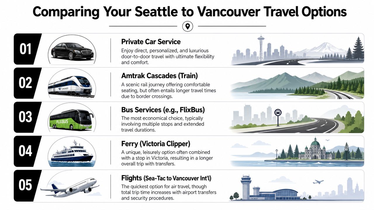 An infographic comparing five transportation methods for traveling between Seattle and Vancouver with descriptive labels.