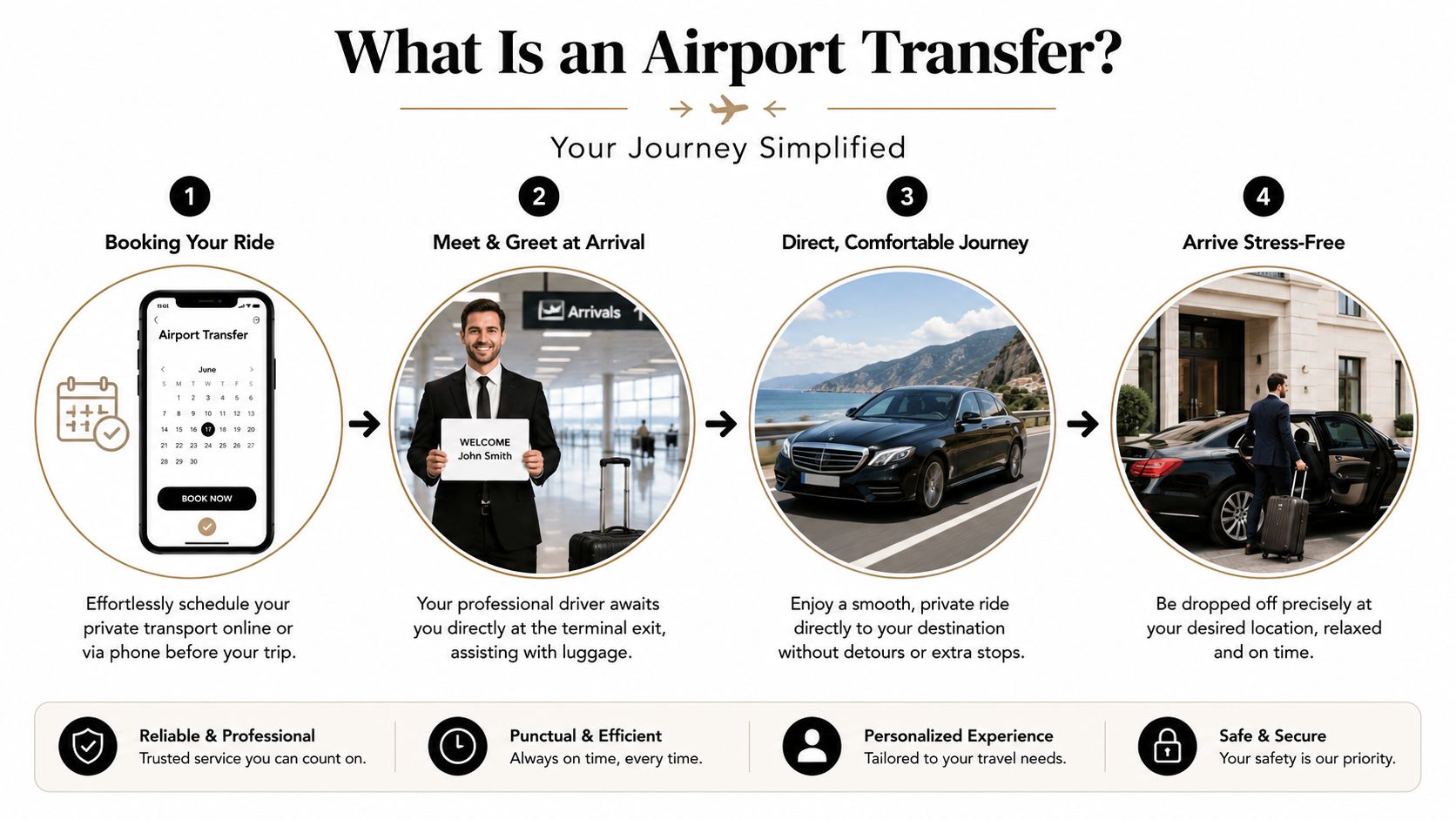 A step-by-step infographic explaining how airport transfer services work from booking to arriving stress-free.