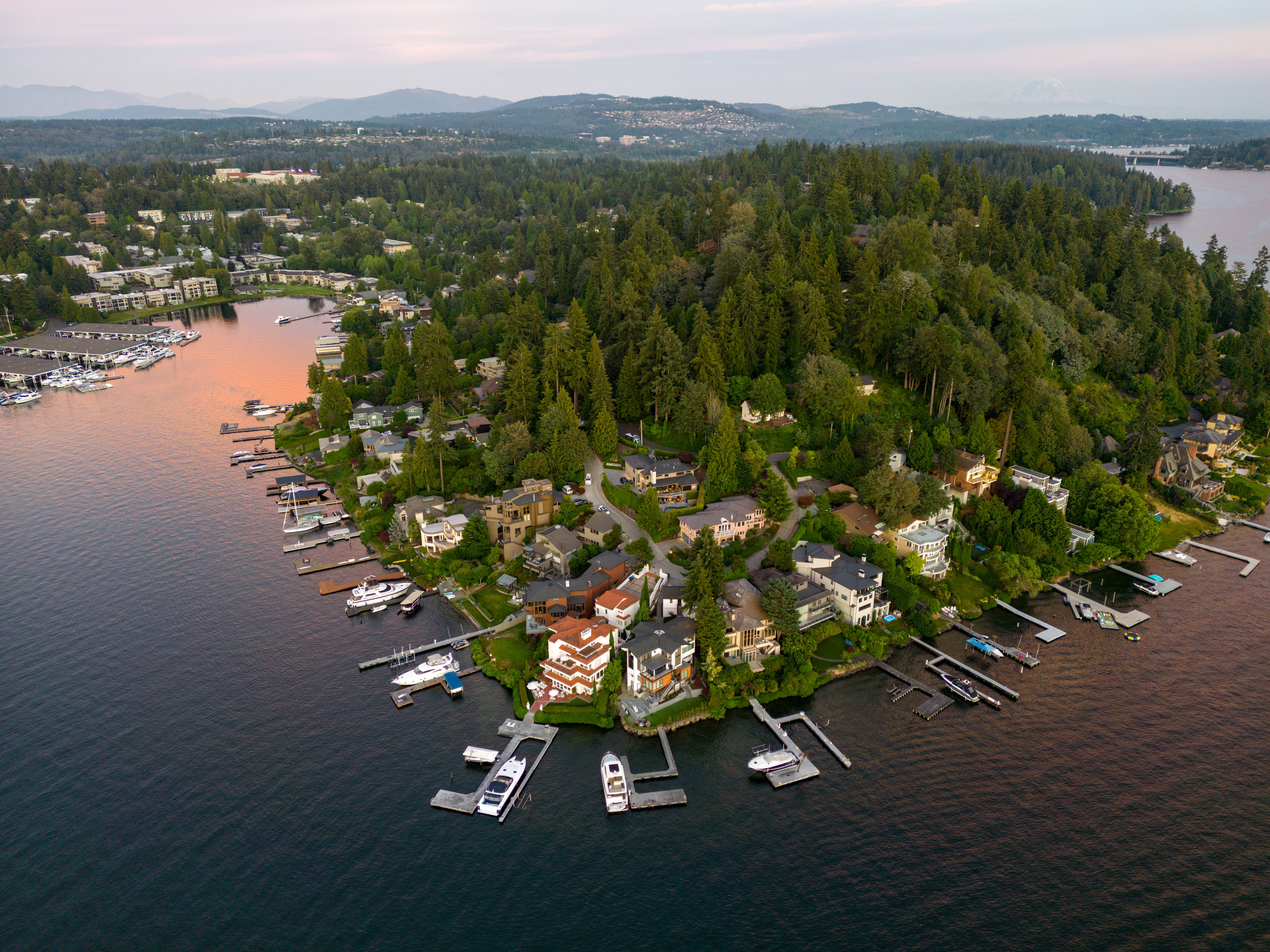 Aerial view of the Mercer Island shoreline on Lake Washington, Mercer Island car service by All Black Limo